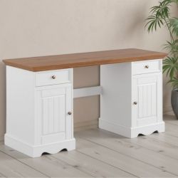 Bureau blanc en bois de pin massif 155cm BIANCA avec rangements