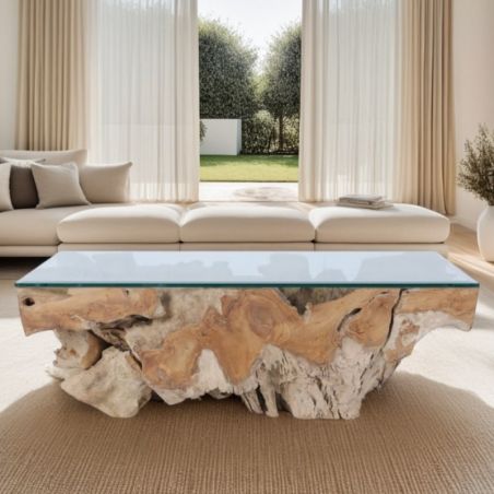Table basse racine de teck 120cm SOUCHE avec verre