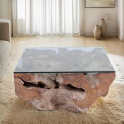 Table basse carrée en racine de teck SOUCHE 80cm et plateau en verre