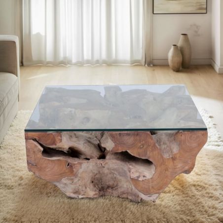 Table basse carrée en racine de teck SOUCHE 80cm et plateau en verre