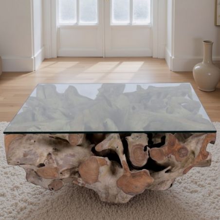 Table basse carrée racine de teck SOUCHE 100cm et plateau en verre
