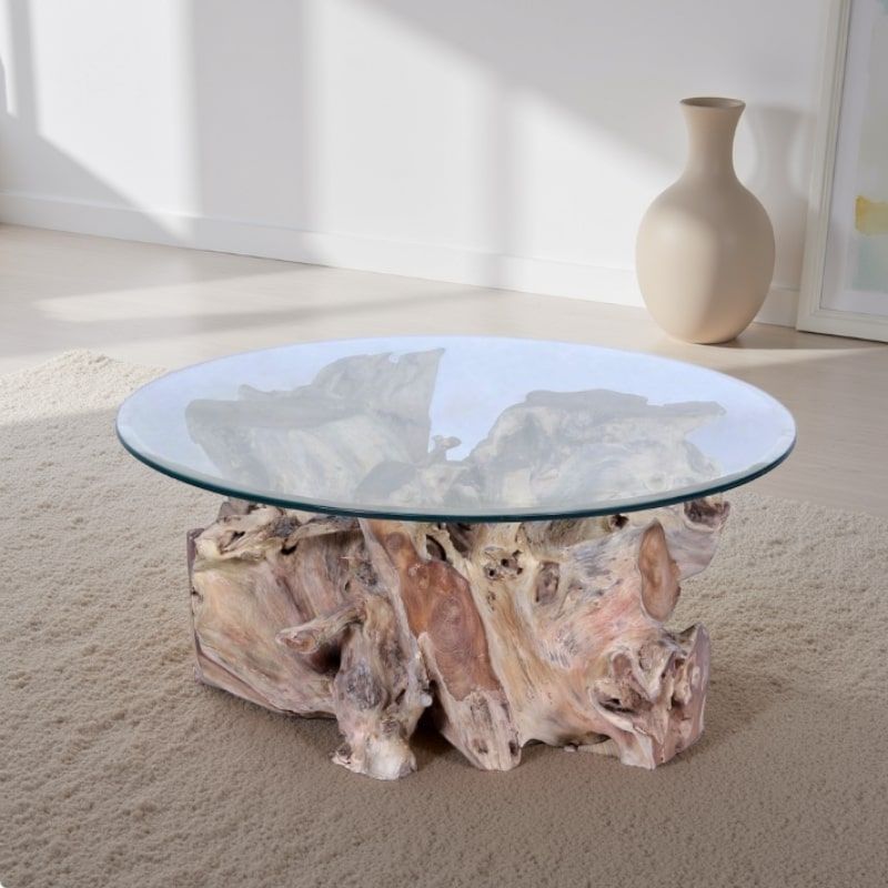 Table basse ronde en racine de teck SOUCHE Ø100cm et plateau en verre