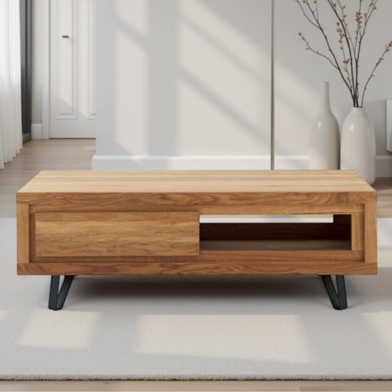 Table basse chêne massif avec tiroir rangement 120cm Wave Casita